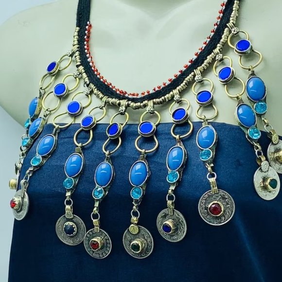 Tribal Dangling Coins Choker Necklace, Long Choker Necklace With Turquoise Stone - Picture 2 of 6